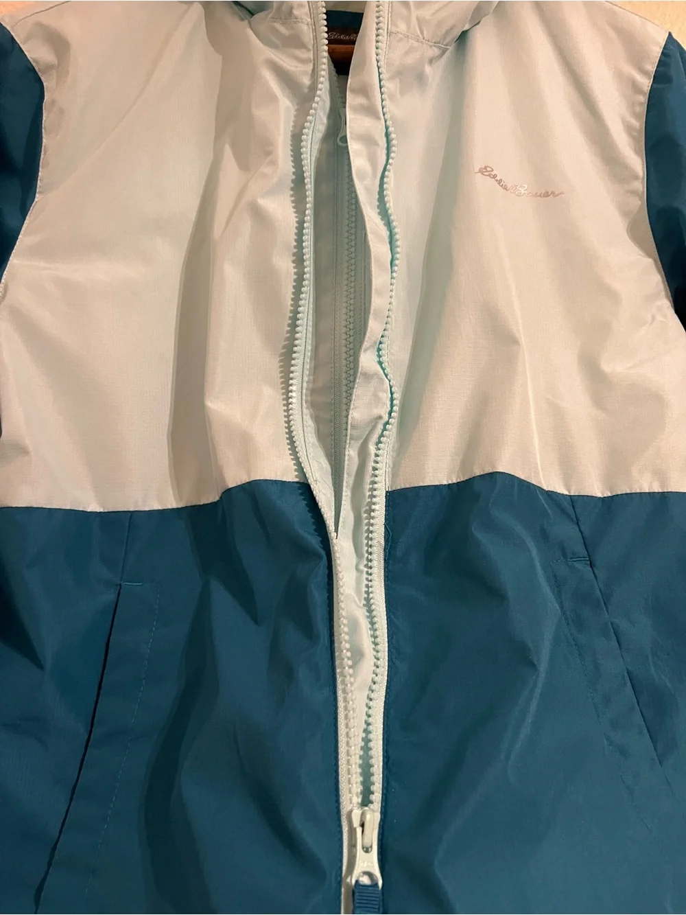 Eddie Bauer Kids Two-Tone Light Teal and Dark Teal Hooded Rain Jacket